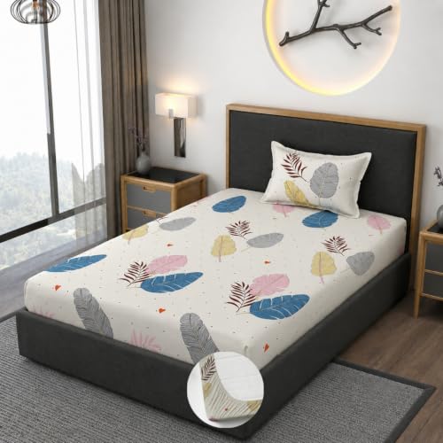 Image of Vaini Premium Heavy Cotton Elastic Fitted Bedsheets with 1 King Size Pillow Covers || Single Bed with All Around Elastic 350 TC || 36 x 78 x 6 Inch Single Size Fitted || :- Colorfull Wings