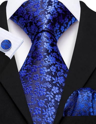 Image of Barry.Wang Flower Ties for Men Silk Woven Floral Tie Sets Necktie Handkerchief Cufflinks Wedding Party