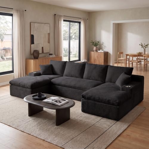 Image of 120 inch Modular Sectional Sofa, U-Shape Boneless Couch, Black