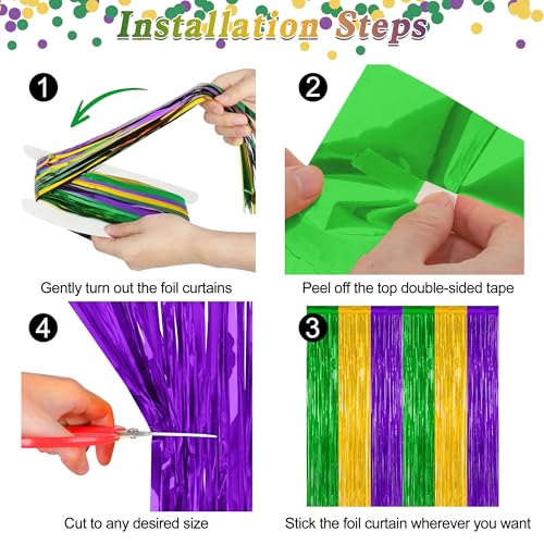 Image of ZATAYE 2 Pack Purple Gold Green Foil Curtain Streamer Decorations | Purple Gold Green, Metallic Foil, 3.28 x 7.05 FT, Tinsel Backdrop, Foil Curtain Streamer, Party Decorations