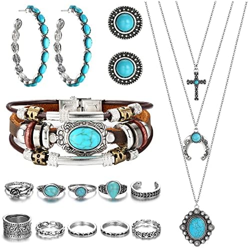 HAIAISO Western Jewelry For Women Turquoise Pendant Necklace Western Drop Dangle Earrings Turquoise Faux Leather Layered Bracelets Boho Knuckle Rings Set Bohemian Turquoise Jewelry Set