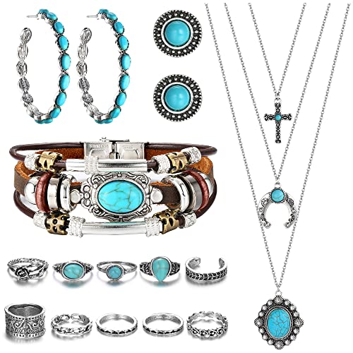 HAIAISO Western Jewelry For Women Turquoise Pendant Necklace Western Drop Dangle Earrings Turquoise Faux Leather Layered Bracelets Boho Knuckle Rings Set Bohemian Turquoise Jewelry Set