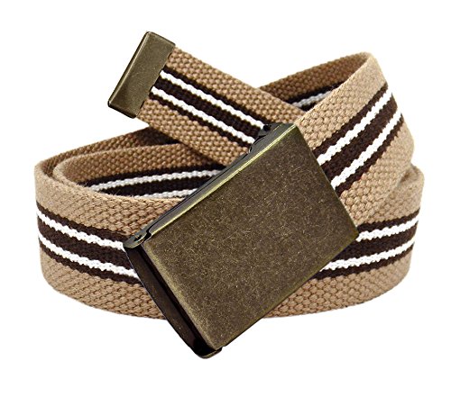 Build A Belt Antique Gold Flip Top Buckle With Adjustable Canvas Web Belt (Boys Large Khaki Brown White Stripe) #TOP29