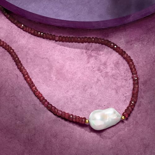 Ross-Simons 24x13mm Cultured Baroque Pearl and 70.00 ct. t.w. Ruby Bead Necklace With 18kt Gold Over Sterling. 18 inches3