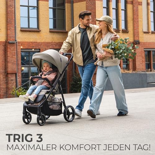 Kinderkraft TRIG 3 Kinderwagen, Kinderbuggy, Liegewagen, Sportwagen, Buggy, Zusammenklappen, Breite und tiefe Sitz, mit Liegeposition, 4 Rad Dämpfung, Große Dach, 5-Punkt-Gurt, bis zu 25 kg, Beige