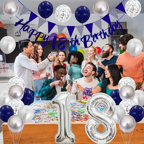 Image of 18th Birthday Decorations for Boys Girls, Blue Happy 18th Birthday Banner with Blue Silver 18th Balloons Cake Topper Number 18 Foil Balloonfor 18 Year Old Party Decoration