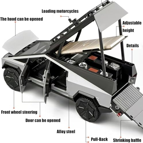 Image of Sky Tech Tesla Cyber truck Camping Pickup RV with Motorcycle 1:32 Model Car Alloy Metal Pull Back Die-cast Car Metal Toy car with Openable Doors & Light Music Best Gifts Toys Kids【Colors as Per Stock】