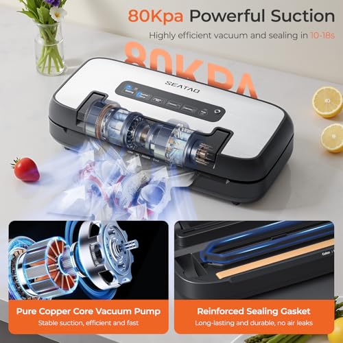 SEATAO Vacuum Sealer Machine for Food, 80Kpa Powerful Food Sealer Vacuum Sealer for Dry/Moist, 7-in-1 Seal a Meal for Sous Vide, Easy-Lock Handle, Built-in Cutter & Bag Storage, Removable Drip Tray