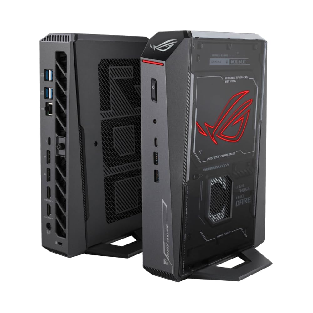 ROG NUC 2025 Mini PC con Intel Core Ultra 9 275HX, GPU GeForce RTX 5080, DDR5 da 32 GB, SSD da 1 TB, raffreddamento a tripla ventola, supporto per cinque display 4K, Wi-Fi 7, per giochi e AI.