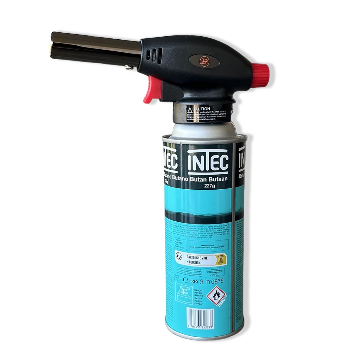 PROWELTEK – Soplete de gas 180 W – 360 °C + cartucho de gas butano 227 gr – Soplete de cocina encendido automático piezo llama ajustable