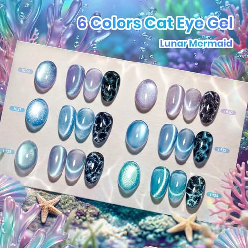 Image of Beetles Cat Eye Gel Nail Polish Set - Lunar Mermaid 6 Colors Summer Gel Nail Polish Kit Glitter Blue Purple Navy Blue Teal Colors Magnetic Shine Soak Off UV Salon DIY Manicure Gift for Women