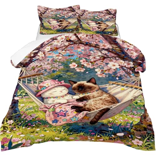 Image of Cartoon Cat Comforter Set Full Size Cute Kitten Floral Bedding Sets for Girls Boys Kids Adults Bedroom Decor Spring Cherry Blossom Hammock Quilt 1 Comforter 2 Pillowcases
