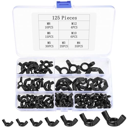 125 Piezas Tuercas de Mariposa, Kit Surtido de Tuerca de Mariposa, Tuercas de Alas para Dispositivos Electrónicos Hardware, Herramientas de Bricolaje, M3 M4 M5 M6 M8 M10 M12 (Negro)
