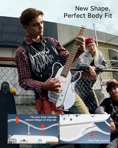 Image of DONNER HUSH X LIVE Electric Guitar with Detachable Speaker, Headless Travel Guitar Built-in Amp Modeling & Effects, Bluetooth Practice Guitar Kit with Gig Bag, White