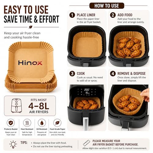Image of HINOX Air Fryer Paper Liners Square Disposable, Non Stick Oil Proof Parchment Sheets, Heat Resistant Food Grade Baking Paper for Cooking & Frying (100 Sheets)
