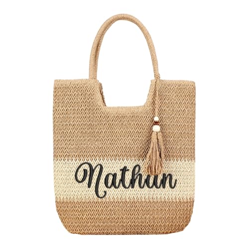 Personalized Name Woven Tote Bag with Embroidery Name, Custom Straw Bag,Beach Women Hand Bag,Holiday Summer Vacation Tote Bag