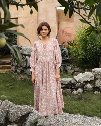 Image of Casual Summer Dresses for Women Deep V Puff Sleeve Boho Midi Floral Dress