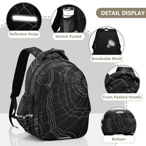 Spiders Cobweb Halloween Backpack for School Book Bag Tablet Laptop Backpack Work Travel Bag with Reflective Stripes3