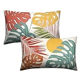 Kwlegh Set of 2 Summer Tropical Leaves Lumbar Throw Pillow Covers Palm Banana Leaf Pillow Covers 12x20 Abstract Sun and Monstera Leaf Cushion Case for Sofa Patio Indoor Outdoor Decor