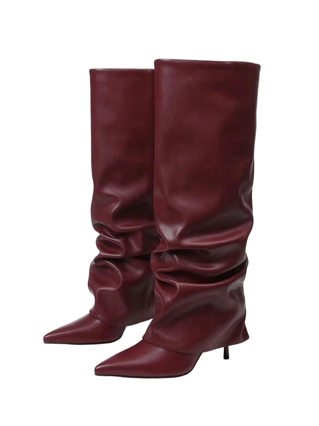 Women Slouchy Knee High Boots Stiletto Thin Heel Ruched Wide Calf Fold Over Dress Shoes