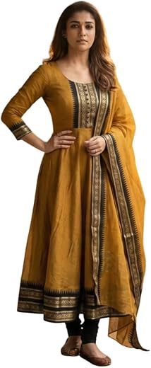 Women's Beautiful Kanchi Cotton with Jacquard Less with Embroidery Gown &amp; Dupatta Set Anarkali Gown3/4 Sleeve with Less Et...