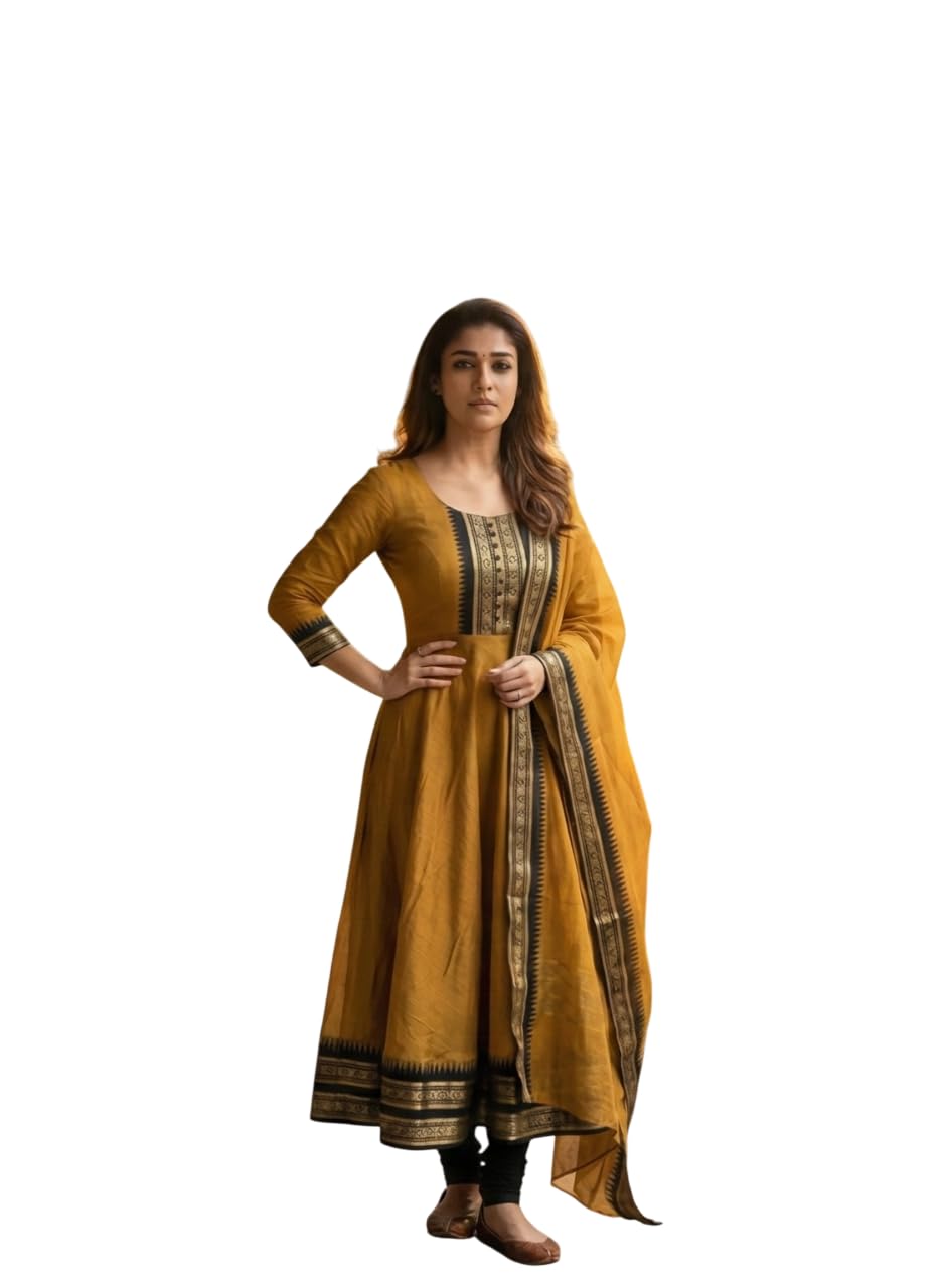 Women's Beautiful Kanchi Cotton with Jacquard Less with Embroidery Gown & Dupatta Set Anarkali Gown3/4 Sleeve with Less Ethnic Gown and Dupatta Set Gown