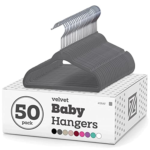 Image of Zober Velvet Baby Hangers for Closet - Pack of 50 Non Slip Toddler Hangers for Shirts, Pants & Dresses w/Swivel Hook - Durable Infant Hangers w/Notches - Small Kids Hangers - Gray