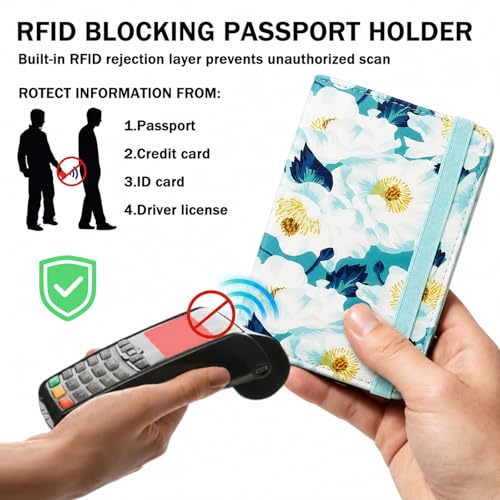Image of ZOPPEN RFID Blocking Passport Holder for Travel - PU Leather Waterproof Lightweight Passport Cover Wallet for Women Men, Travel Organizer with Card Slots for Airline Tickets & Passport Book, Flower A