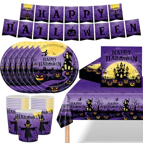 MOMAHUA 68 Stück Lila Halloween Geschirr für 16 Personen, Hallow...