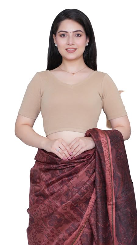 Image of Mlada V-Neck Stretchable Saree Blouse Top for Women | Slim Fit Short Sleeves Solid Cotton Blouses | Readymade Saree Blouses for Women Festive & Ethnic | Blouse Crop Top