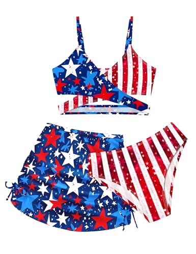 Image of Girls Swimsuits 3 Piece Bathing Suit Allover Printed Criss Cross Bikini Set with Cover Up Skirt Beach Swimwear 7-16 Years