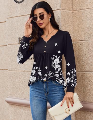 Image of Zeagoo Womens Long Sleeve Tops Fall V Neck Shirt Casual Pleated Tunic Top