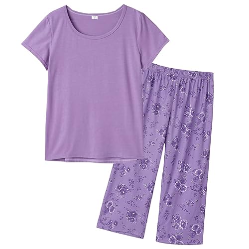 MyFav Women's Sleepwear Soft Red Wine Printed Short Sleeve Pyjama Capri Set - L - Purple