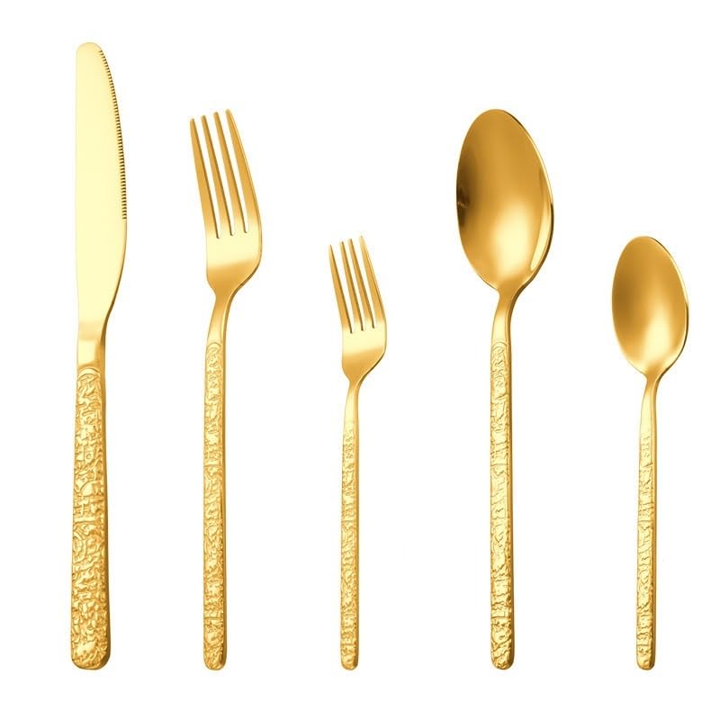 asdchZen Juego De Cubiertos De Acero Inoxidable De 50 Piezas con Diseño Retro De Piedra, Incluye Cuchillos para Carne, Tenedores, Cucharas Y Utensilios para Postre, Comer Y Entretener, Acabado D