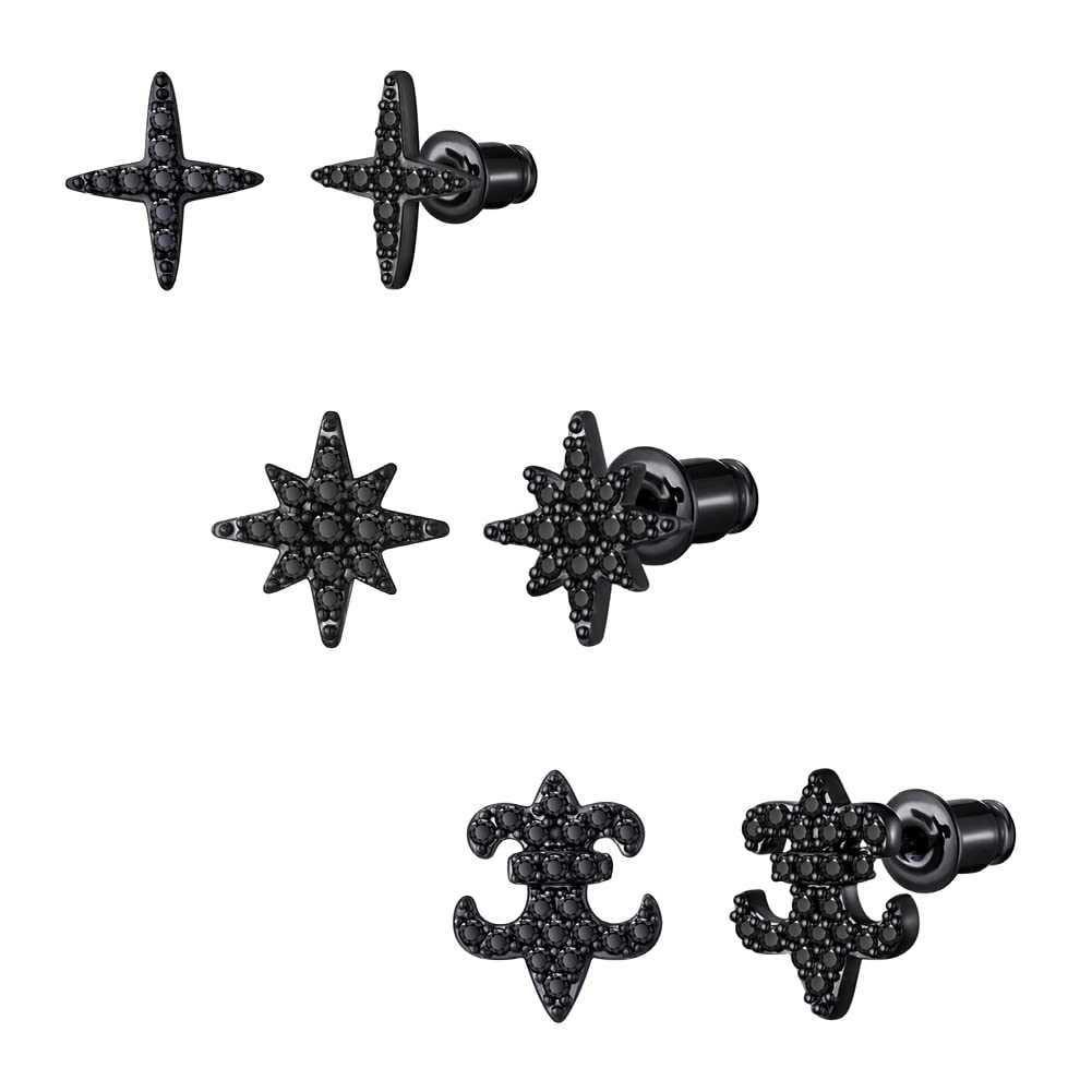CLASSYZINTBlack Stud Earrings Set For Women Men Small Five-pointed Star Cross Studs With Jet CZ Stones Dainty Jewelry Gift