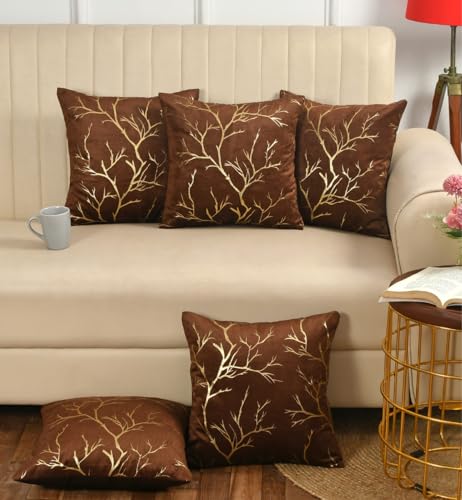 Image of Velvet Foil Cushion Covers 16 inch x 16 inch Set of 5, Brown