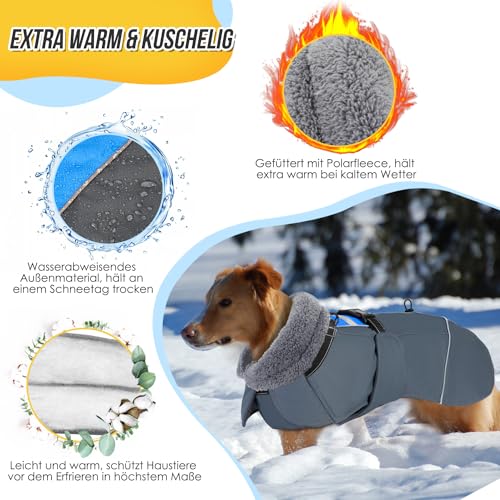 Eyein Hundemantel Winter für Große Hunde, Wasserdicht Hundejacke mit warmem Fleecefutter und Halsband, Winddichter Wintermantel Hund mit Bauchschutz und Verstellbarem Brustriemen, Blau, XXL