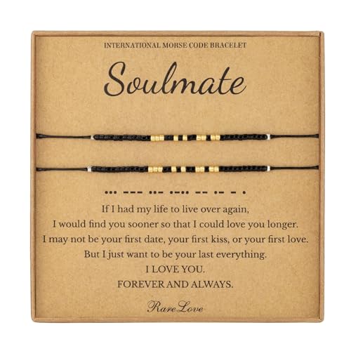RareLove 2PCS Soulmate Matching Bracelets Morse Code Beaded Bracelet for Couples, Couples Bracelets for Him and Her,Black Gold Pony Seed Tiny Beads Friendship Valentines Day Gifts