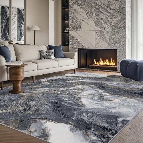 Abstract Black Area Rug 6x9: Modern Washable Rugs for Living Room Bedroom Dining Room - Pet Friendly Thin Low Pile Non-Slip Stain Resistant Large Carpet