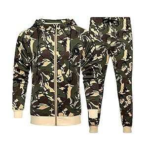 Trainingspak voor heren, 2 stuks, set camouflage, sweatshirt, joggingbroek, vrijetijdsbroek, sportpak, volledige ritssluiting, vest, broek met trekkoord, broek, ritssluiting, hoodies joggingbroek, sportbroek, activewear sweatpak, kaki, S/M