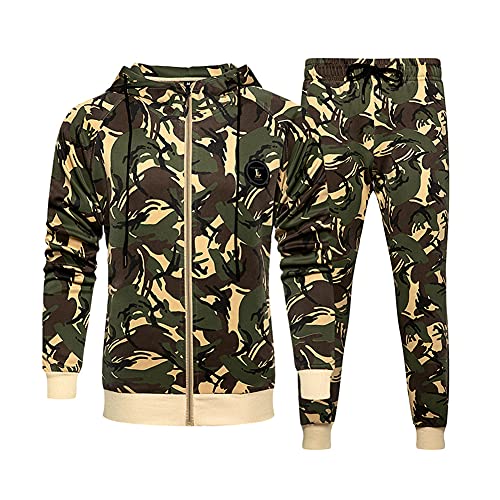 Trainingspak voor heren, 2 stuks, set camouflage, sweatshirt, joggingbroek, vrijetijdsbroek, sportpak, volledige ritssluiting, vest, broek met trekkoord, broek, ritssluiting, hoodies joggingbroek, sportbroek, activewear sweatpak, kaki, XS/S