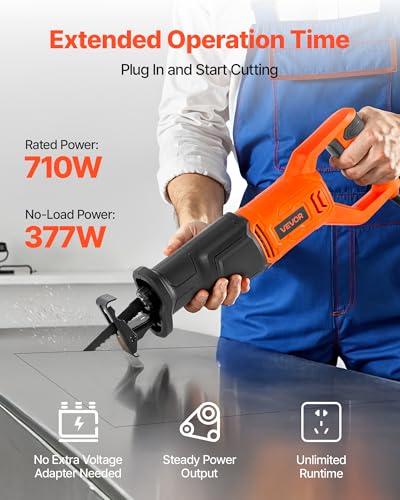 Image of VEVOR 6 Amp Corded Reciprocating Saw, 3 /4 inch Stroke Length, Power Reciprocating Saw with Variable Speed, 3000 SPM, 8 Blades & Bag Included, for Wood, Metal, and Plastic Cutting