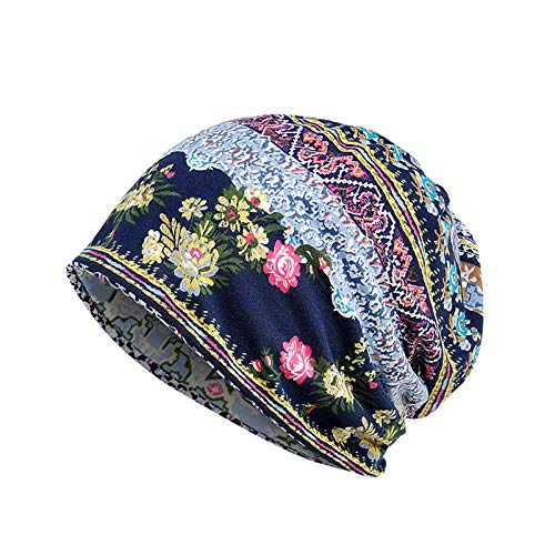 Women's Vintage Floral Beanie Lightweight Breathable Skull Cap Slouchy Thin Beanie Baggy Hat for Daily Wear Blue