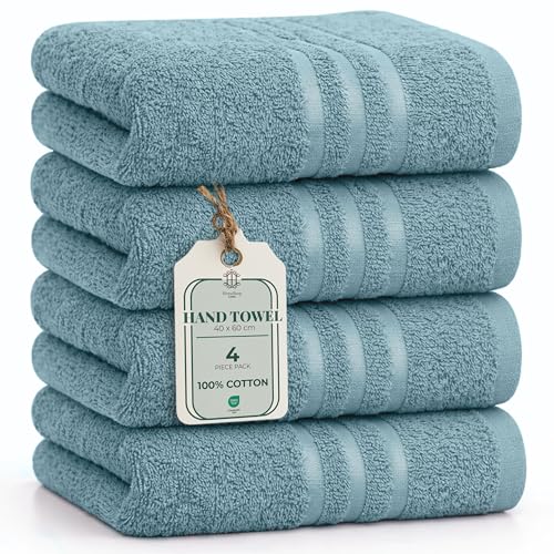 HomeBurg Core 4-Piece Cotton Hand Towel Set for The Bathroom Soft Absorbent Durable with Decorative Border Easy Care 16x24 in (Soft Teal)