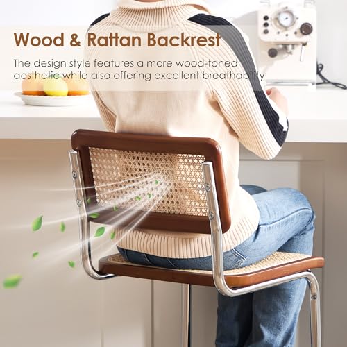 Image of Natural Rattan Counter Stools with Cane Back, 24 Inches Mid Century Modern Cesca Bar Stools, Rustic Bar Stools with Metal Frame for Kitchen Island,Home Pub (Brown, Set of 2)