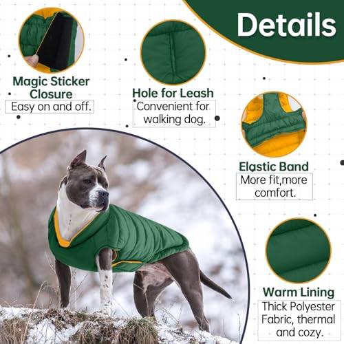 Image of Lelepet Reversible Dog Coat Windproof Dog Jacket Lightweight Puffer Vest | Dogs Puffer Coat for Medium Dogs Adjustbale Hook & Loop Pet Apparel Cold Weather Coats with Leash Hole, Pug, Green, M