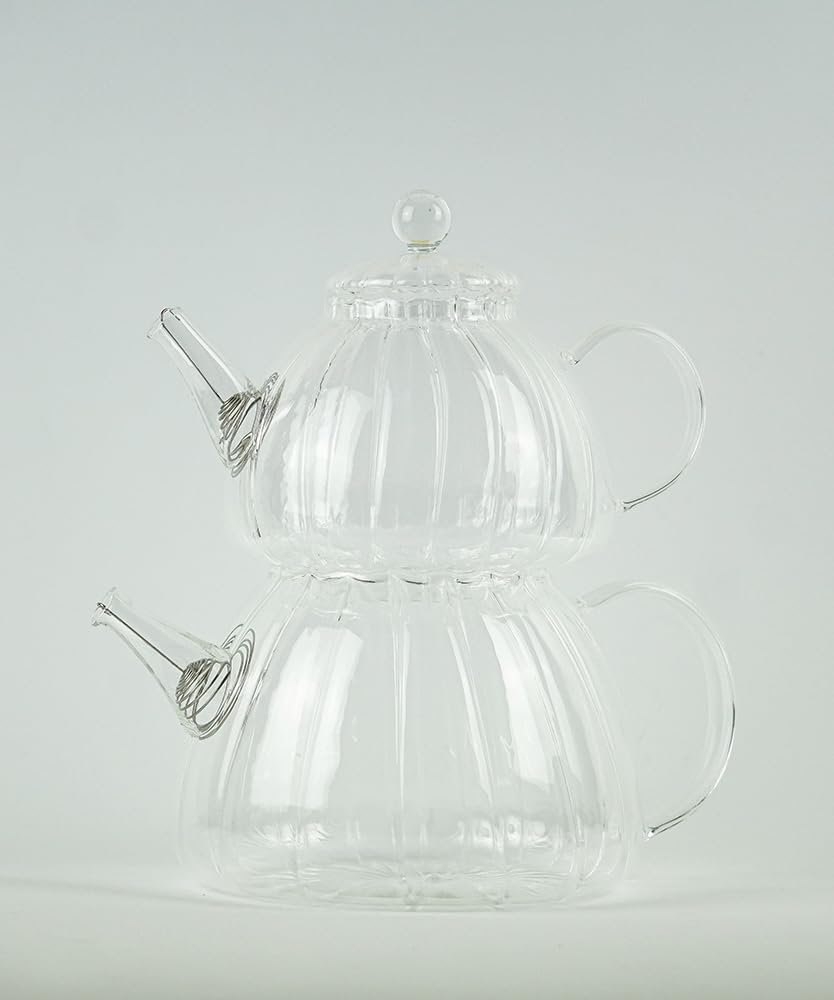Teekanne Set - Transparentes Glas mit integriertem Filter, Cam Caydanlik, 800ml Oberkanne & 1000ml Unterkannen Kapazität, Leicht zu reinigen und Spülmaschinenfest