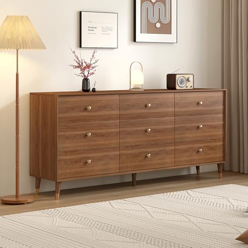 Image of Messenya 9 Drawer Dresser for Bedroom, 63 Inch Walnut Dresser for Closet, Mid Century Wood Chest of Drawers with Natural Texture & Pre-Embedded Slots for TV Stand, Living Room, Hallway, Office