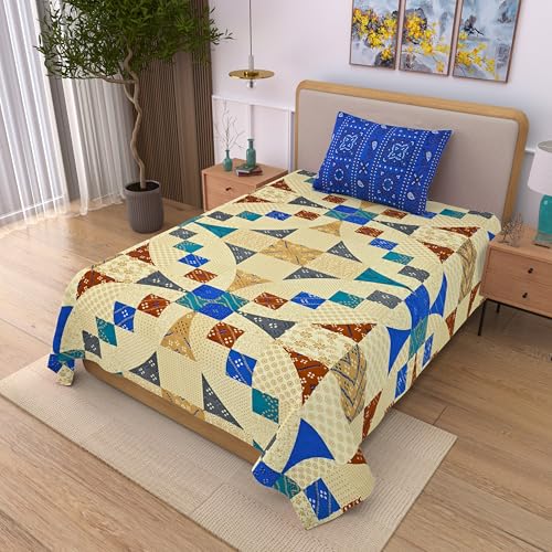 Image of 100% Cotton Single Bedsheet with 1 Pillow Cover | 240 TC Pure Cotton Flat Bed Sheet | Traditional Jaipuri Printed Bedding Set | Soft & Breathable | 60 x 90 Inch (Rangmahal Single 65)