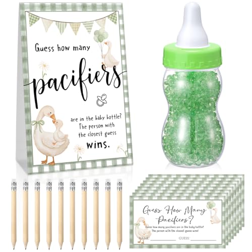 Image of Roowest 512 Pcs Baby Shower Games Guess How Many Pacifiers Sign 100 Small Guessing Games 10 HB Pencils 750ml Milk Bottle 400 Acrylic Pacifiers Decoration for Guest Gender Reveal (Green,Silly Goose)